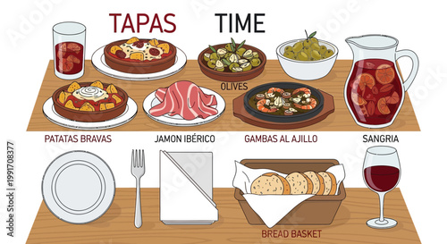Illustration of Spanish tapas drinks and table settings on a wooden surface