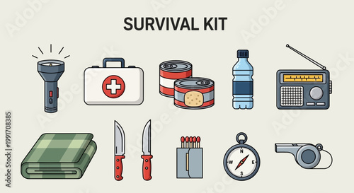 Illustration of ten essential items for a survival kit arranged in two rows