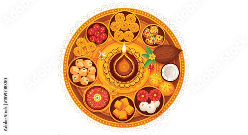 Traditional Indian thali platter with various dishes and candle on a white background
