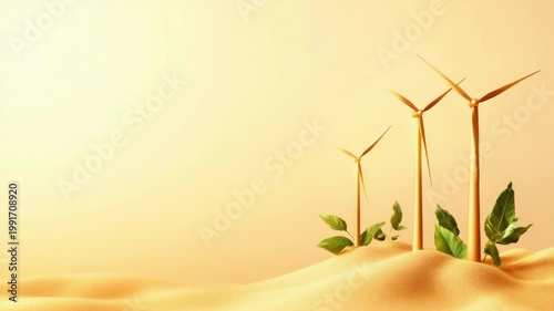 Two golden wind turbine generators stand on sand dunes, desert scenery for renewable energy sources with clean electricity production for sustainable development and environmental protection concept