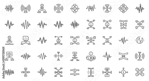 Sound wave, audio signal, music icons, 40 symbols, vector set