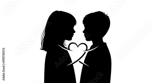 Silhouette of a young boy and girl facing each other with a heart symbol between them.