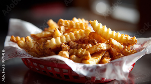 crinkle cut fries ready to eat on a table
