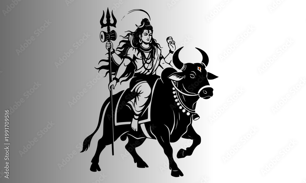 Fototapeta premium Lord Shiva Riding Nandi Sacred Bull with Trishul — Mahadev Hindu God Bold Black Silhouette Vector Illustration for Print, Wall Art, Sticker, and Spiritual Cultural Design