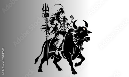 Lord Shiva Riding Nandi Sacred Bull with Trishul — Mahadev Hindu God Bold Black Silhouette Vector Illustration for Print, Wall Art, Sticker, and Spiritual Cultural Design