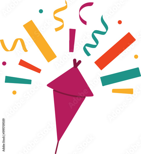 Party popper illustration with purple cone emitting colorful confetti and streamers for celebration concept