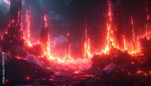 A dark fantasy landscape with lava flows and clouds