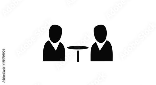 Minimalist silhouette of two business figures sitting at a small table.