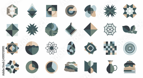 A collection of abstract geometric and organic shapes in muted earth tones
