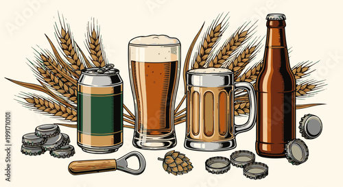 A collection of beer-related items, including a can, two glasses, a bottle, caps, opener, hop, and wheat stalks