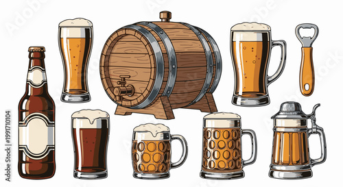 A collection of beer bottles, glasses, a barrel, and a bottle opener