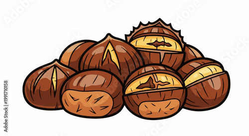 A collection of brown, illustrated chestnuts, some split open revealing yellow flesh