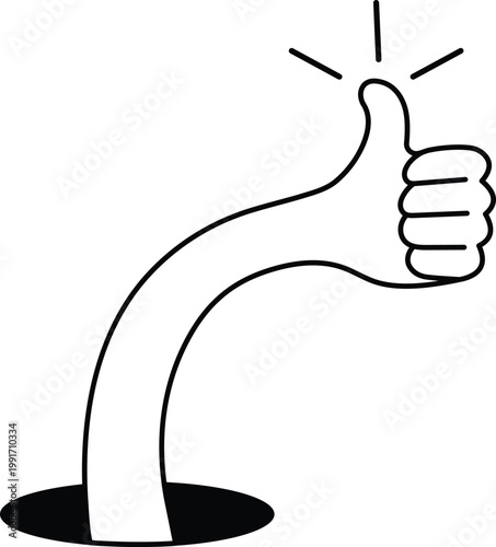 Cartoon hand coming out of a hole showing a thumbs up gesture.