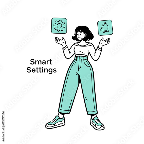 A woman juggling settings and notifications