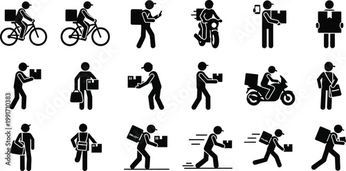 Various delivery person icons using different transportation methods and actions Vector
