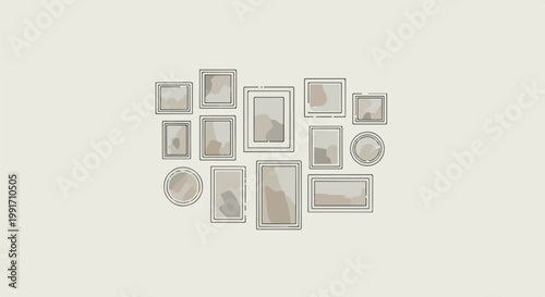 A collection of diverse picture frames, arranged in a staggered gallery wall fashion, on a neutral backdrop
