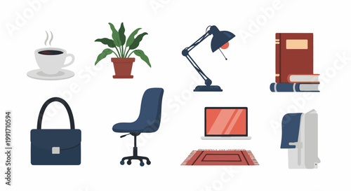 A collection of office and home items coffee, plant, lamp, books, bag, chair, laptop, rug