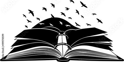 Conceptual Open Book Silhouette with Birds Taking Flight Metaphor for Education Freedom and Creative Inspiration Vector Illustration