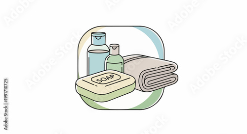 A bar of soap, two bottles of liquid, and a folded towel arranged artfully within a circular border