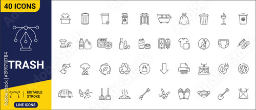 Modern outline icon set featuring 40 symbols related to trash, recycling, and waste management, ideal for illustrating environmental topics and sustainable practices