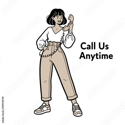A woman holding a phone with a text call us anytime