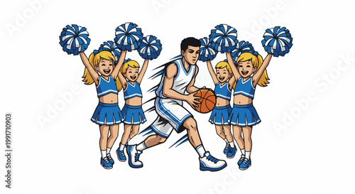 A basketball player dribbles the ball surrounded by cheering squad members holding pom-poms