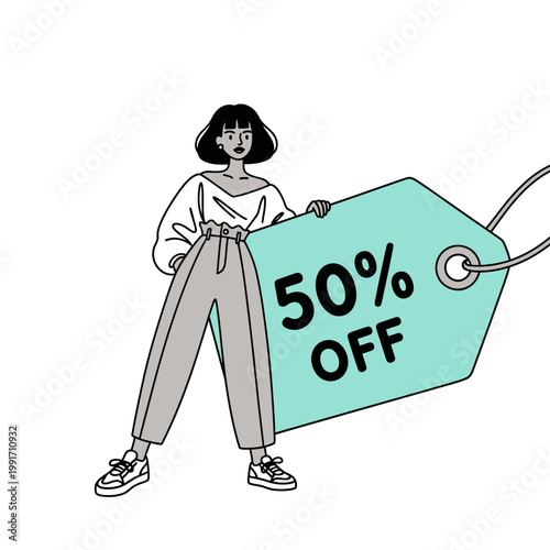 A woman holding a large tag with 50 percent off written on it