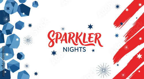 Sparkler Nights, festive background, red and blue design, starry night vector