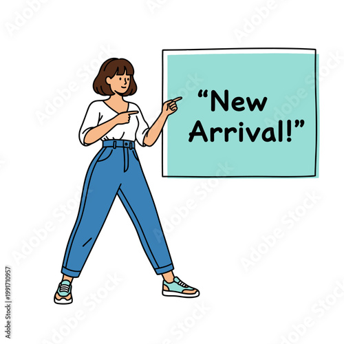 Cartoon woman pointing to a new arrival sign
