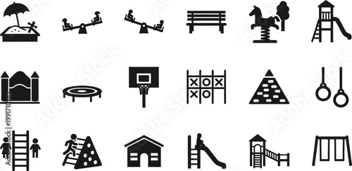 Playground equipment icons depict various recreational structures for children in a minimalist black and white style.
