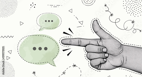 Hand pointing, speech bubbles, vector illustrations, communication icons, black and white