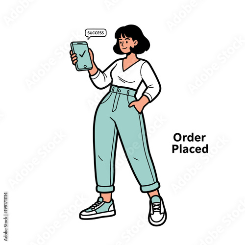 A woman holding a phone with a success message on the screen