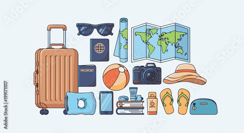 A collection of vacation items including a suitcase, passport, map, and beach essentials