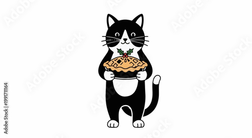 A black and white cat stands holding a festive pie adorned with holly