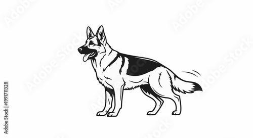 A black and white graphic illustration of a German Shepherd standing alert with its tongue out and tail in motion