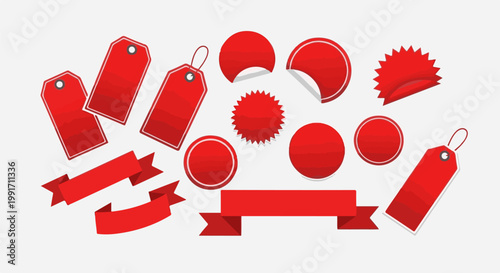A collection of red sale tags and ribbons in various shapes and sizes, presented on a white backdrop