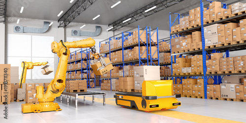 Warehouse Scene with High Shelves and Palletising Robots. Logistics Concept. 3D illustration