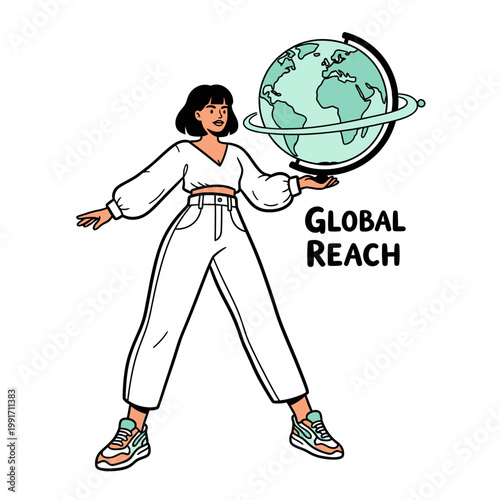 A woman in white holding a globe with the words global reach