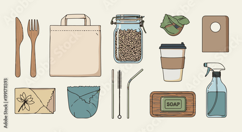 A collection of reusable items cutlery, bag, jar, cup, straws, soap, spray, and wrap