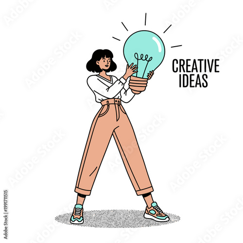 A woman holding a large lightbulb with the words creative ideas