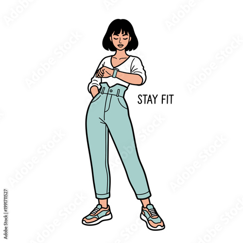 A woman in green pants checking her fitness tracker