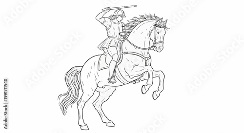 A black and white line drawing depicts a person in historical attire riding a rearing horse