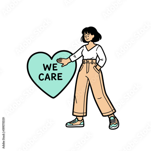 A cartoon woman holding a heart with we care written on it