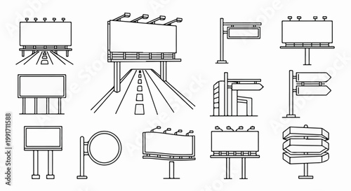A collection of line art illustrations featuring various outdoor advertising billboards and directional road signs