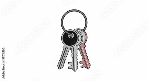 A bunch of three keys attached to a grey ring, two are silver and one is rose gold