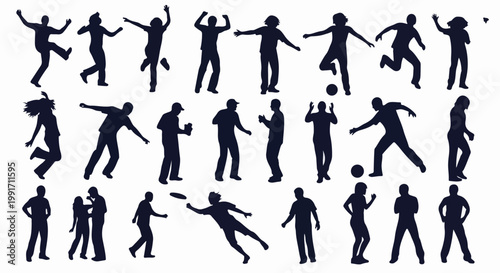 A collection of silhouettes of people in various dynamic poses, engaged in sports and movement