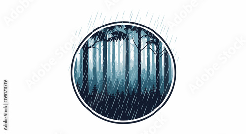 A circular depiction of a dense forest under heavy rainfall