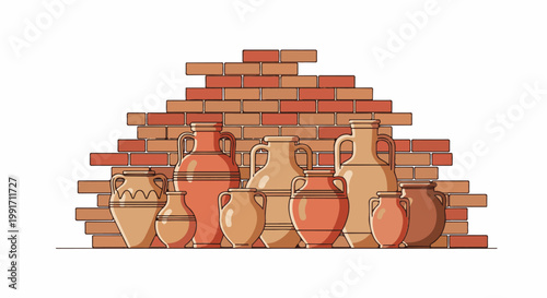 A collection of various amphora and pottery vessels lined up against a brick wall