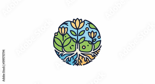 A circular emblem depicts a vibrant ecosystem with roots, flowers, and blue sky