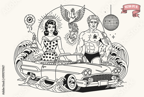 Retro Car with Pinup Woman and Astral Shrine Scene in Classic Tattoo Style